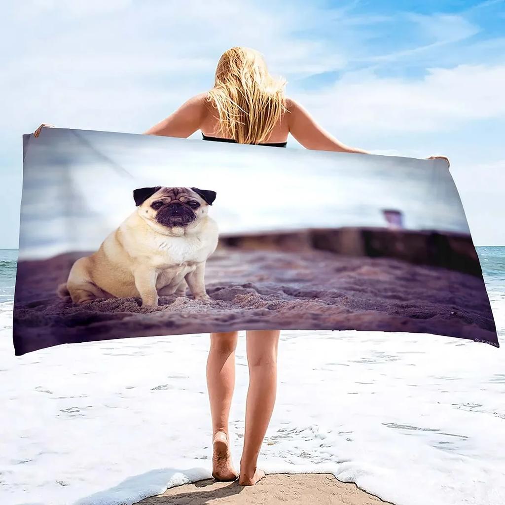 Microfiber Lightweight Thin Beach Towels for Adult and Kid Compact Personalized Sand Free Swim Pool Blanket Pug-dog puppy Print