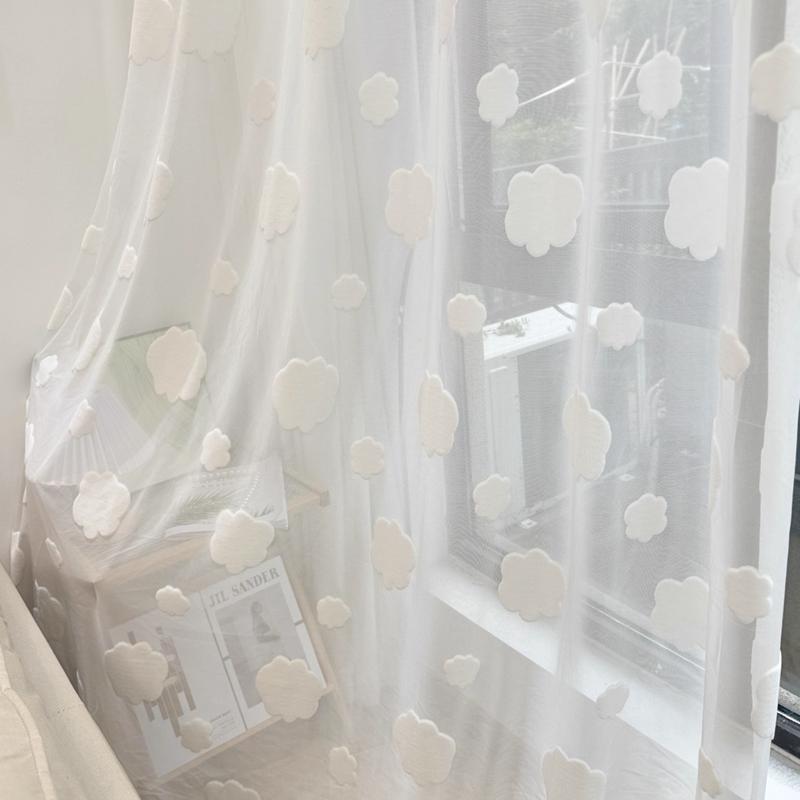 

Cute Cloud Children s Room Gauze Window Curtain White Nordic Simple Girlish Style Bedroom Bay Window Decorative Curtain Fabric W130 x H100cm&Threading Rod