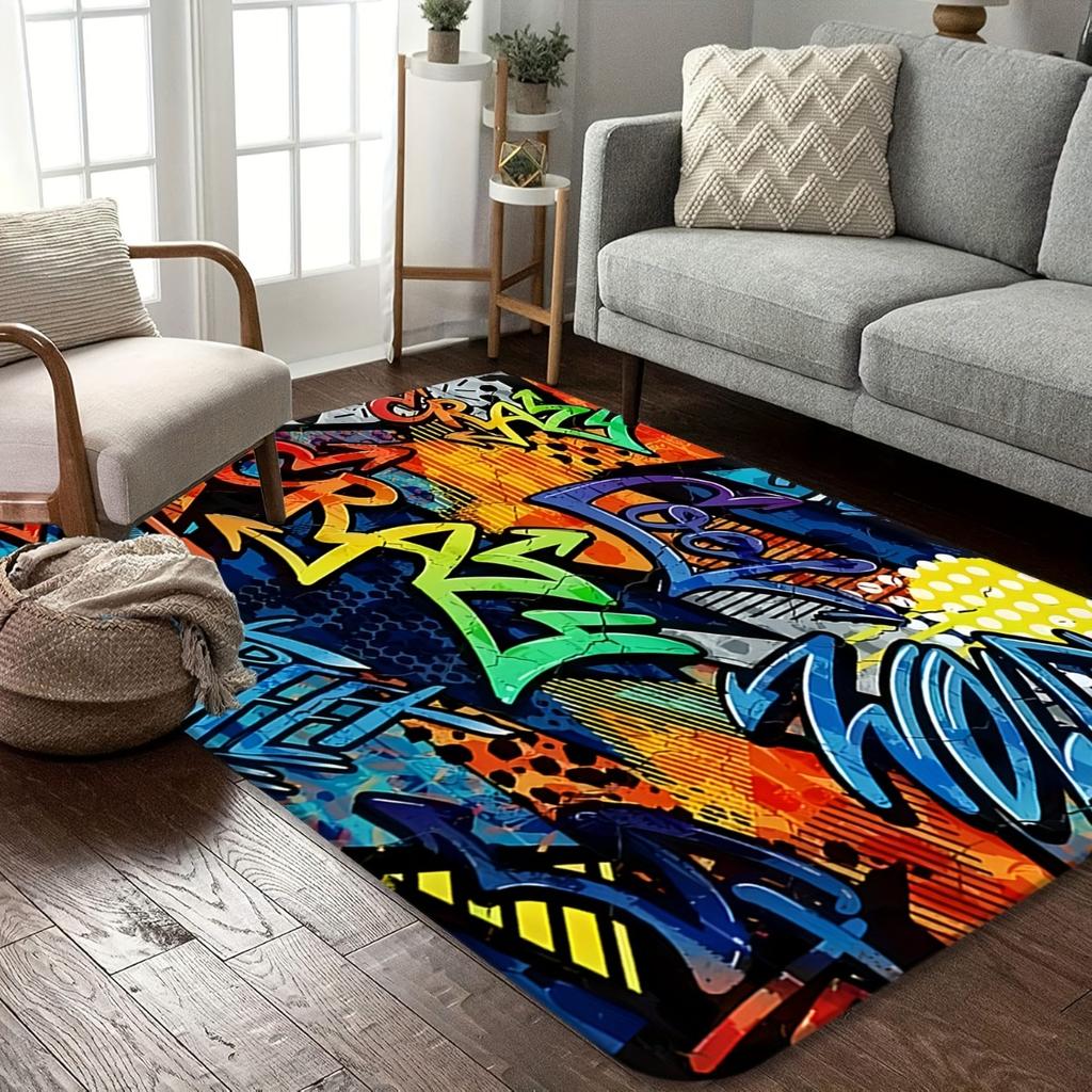 Tappetino d'ingresso stampato con Graffiti Colorati, Antiscivolo, Morbido, per Camera da Letto, Soggiorno, Sala Giochi, Tappeto Decorativo da Interno