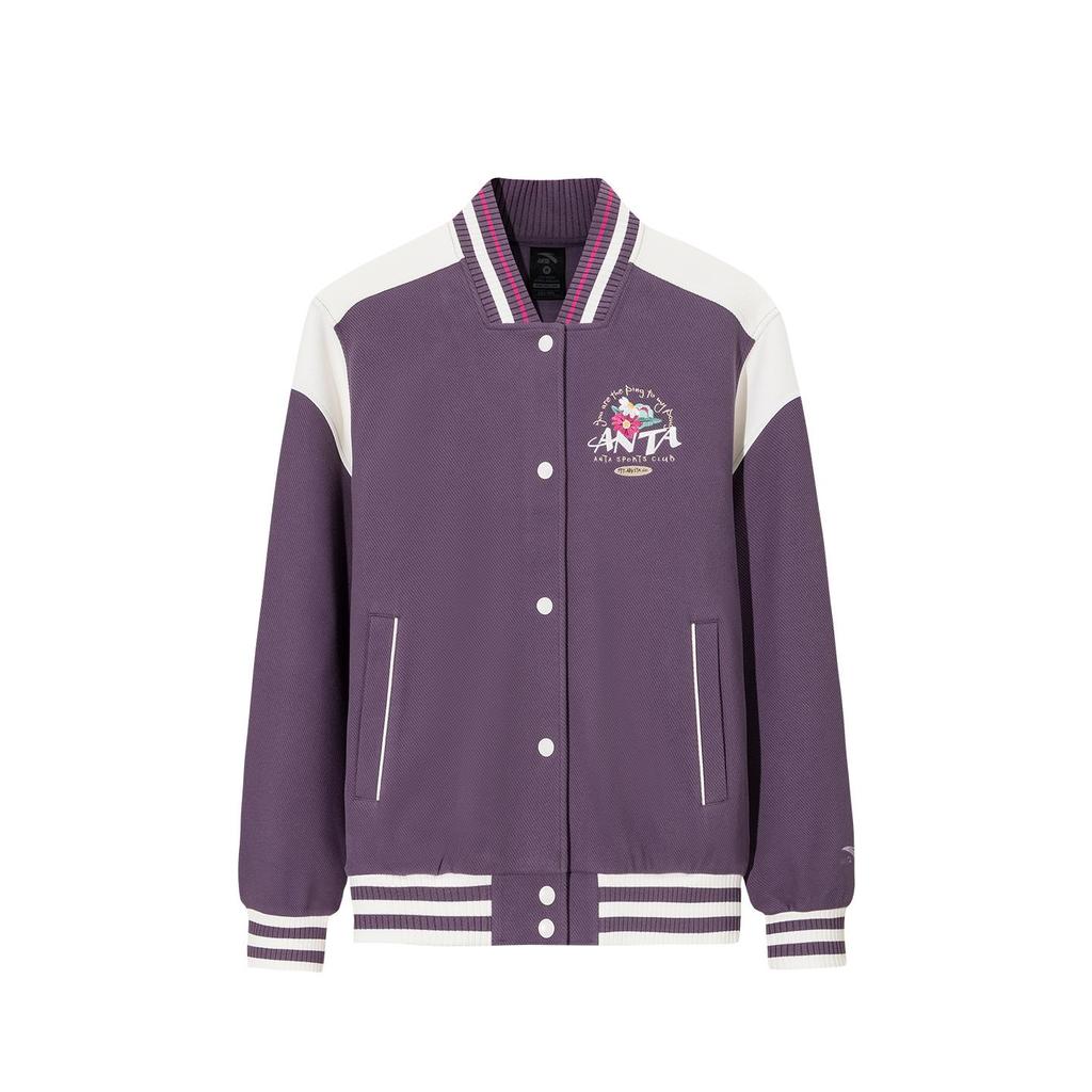 Anta Guan Xiaotong Same Style American Retro Baseball Jacket Deep Hibiscus Purple Warm Jade White Women 162618714S-2