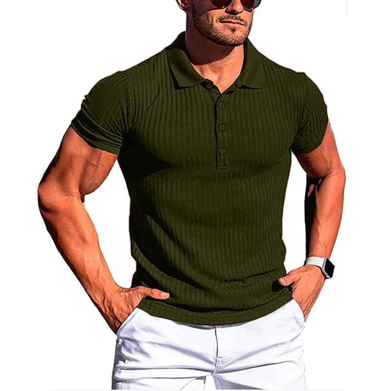 Men's Running Sports Gym Wear Summer High Stretch Vertical Strip Short Sleeve POLO Shirt Slim Fit Knit Base Layer