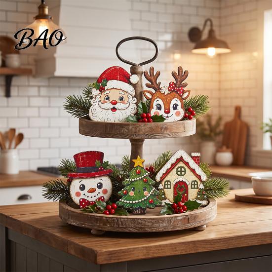 Solid Wood Holiday Decorations Christmas Wooden Vintage Sign, Rustic Table Ornament, 2D Santa Claus Home Party Supplies Snowman Penguin Desktop
