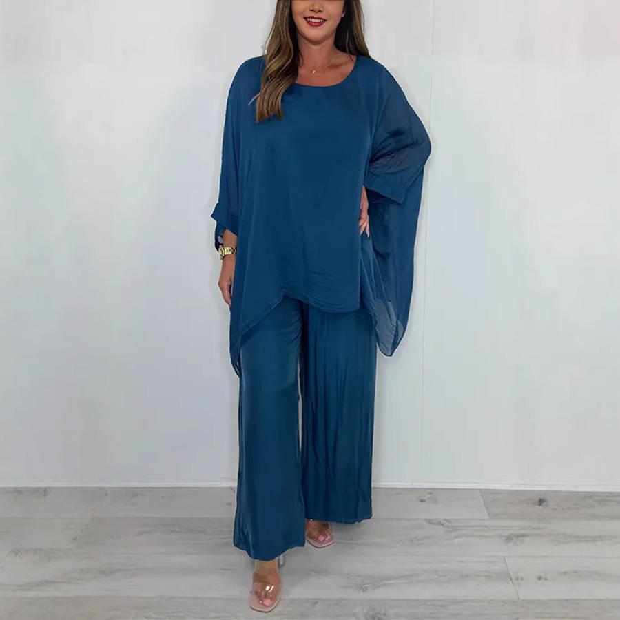 

Женский повседневный комплект свободного кроя светло-зеленого цвета с прозрачным рукавом и брюками широкого кроя 3XL синий