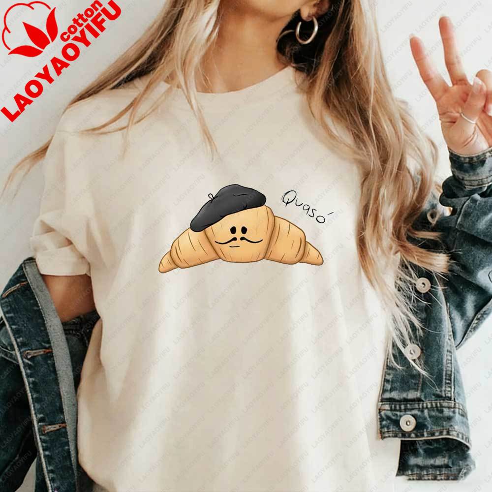 Funny French Croissant Qvaso Graphic TShirt Cute Cartoon Food Casual Cotton Short Sleeve Tshirt for Women Summer Aesthetic Tops
