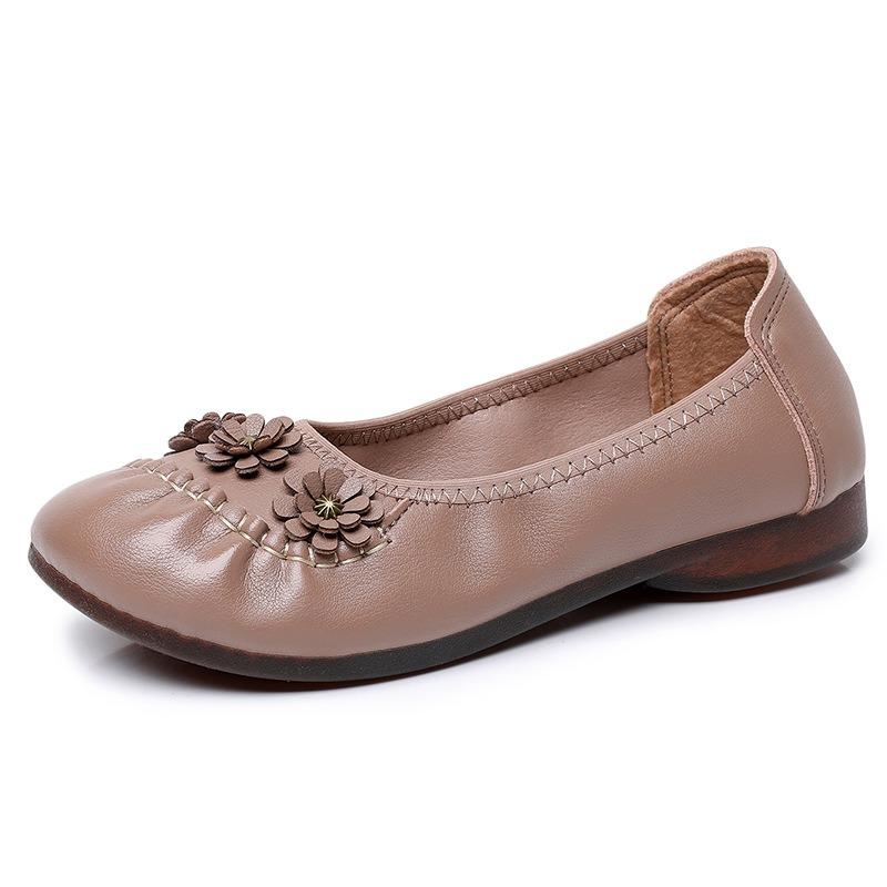 Shallow Shoes Single Shoes Soft Sole Non-slip Medium Leather Shoes Flat Sole Medium the Elderly Women's Shoes Spring and Autumn