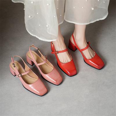 Fashion New Summer Sandals Genuine Leather Sandals for Women Fashion Square Toe High Heels Cover Toe Sandals Ladies Shoes Casual Shoes