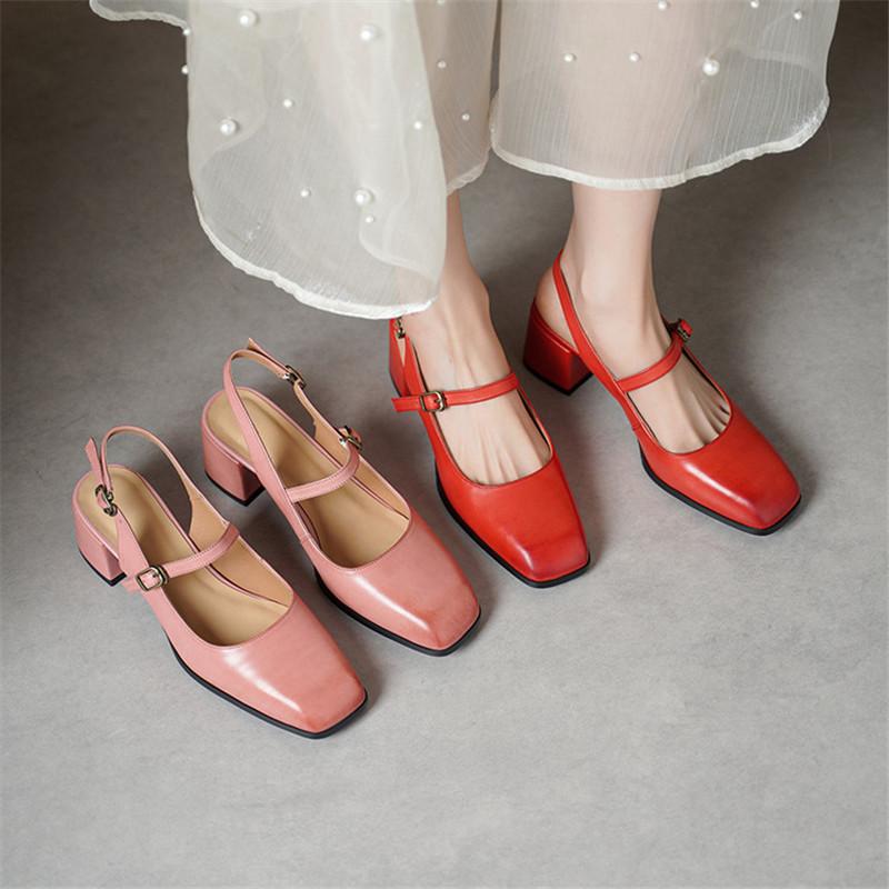 Fashion New Summer Sandals Genuine Leather Sandals for Women Fashion Square Toe High Heels Cover Toe Sandals Ladies Shoes Casual Shoes