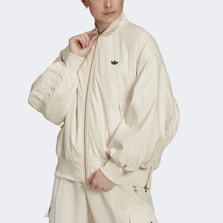 Adidas Originals Gold Zipper Logo Solid Color Bomber Jacket Women Jackets White HG6673