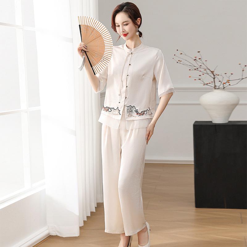 

Chic Summer Chiffon Suit: Chinese Style Two-Piece Set for Middle-Aged & Elderly Women - Short-Sleeve Top & Casual Outfit 2XL [95-115 lbs]