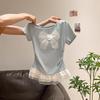 Summer sweet girl fresh age-reducing short-sleeved T-shirt women's fashion personalized lace splicing hem slim crew neck top ins
