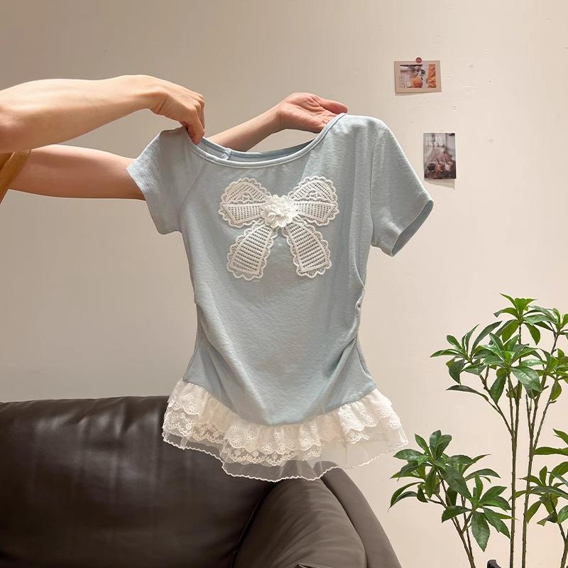 Summer sweet girl fresh age-reducing short-sleeved T-shirt women's fashion personalized lace splicing hem slim crew neck top ins