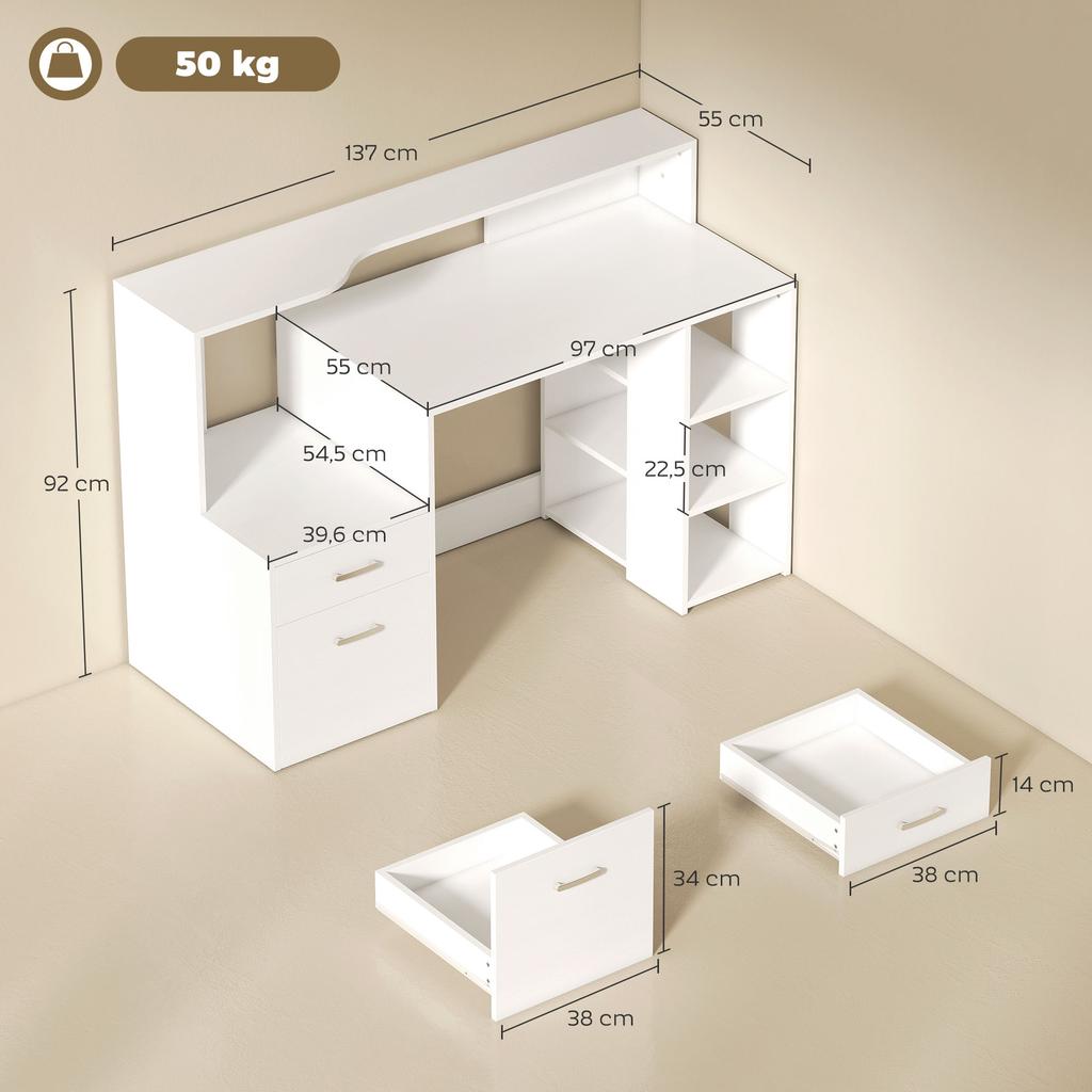 Computer desk, desk with storage, 2 drawers, open shelves and printer shelf, 137x55x92cm, white