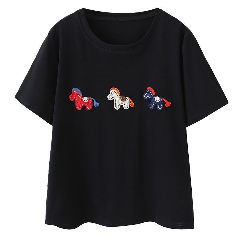 2026 Plus Size Cotton T-Shirt with Horse Patch - Short Sleeve, Round Neck, Fashionable Top for Fat Girls