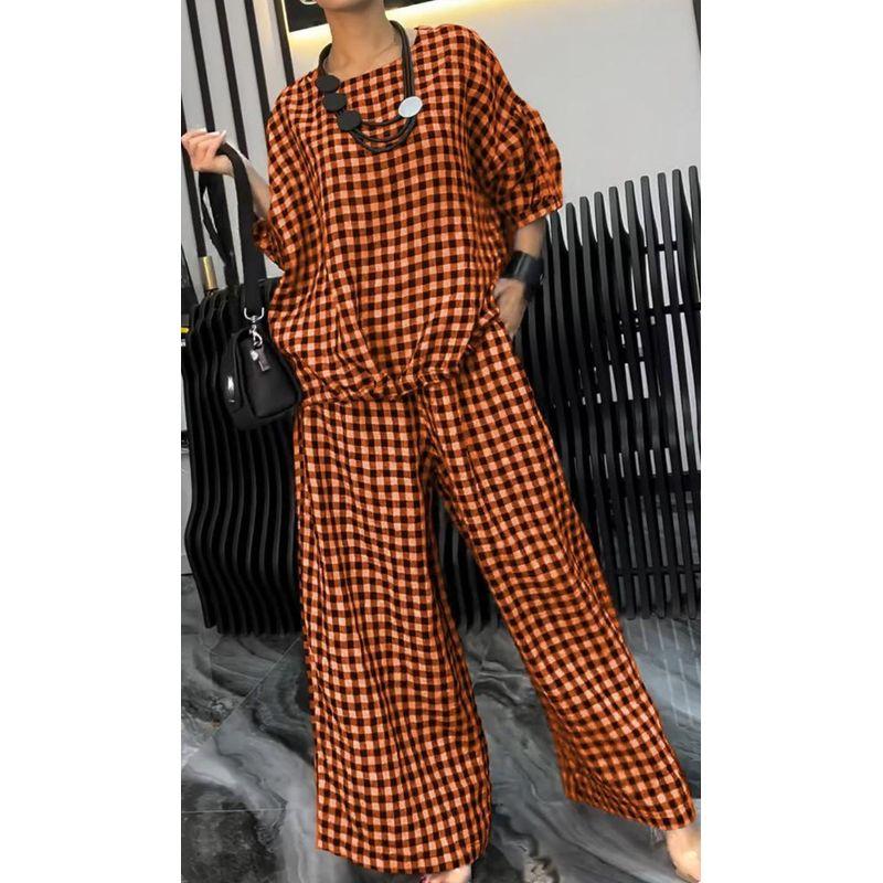 

European and American Summer Women clothes Rubber Band Back Drawstring Button Wide Leg Pants Set Wide Leg Pants Set Brown L
