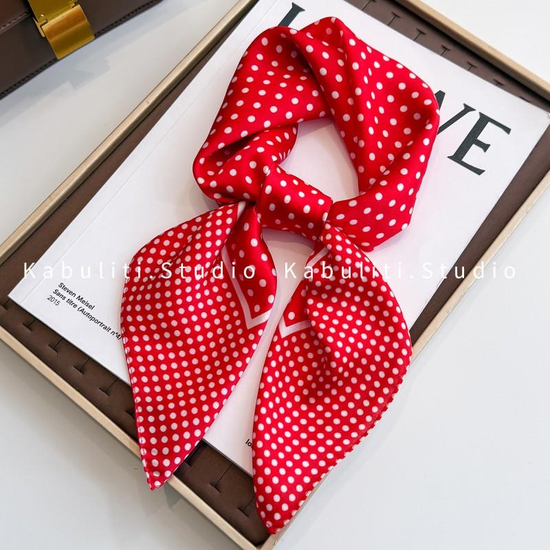 70x70cm Lightweight Square Scarf Women Polka Dot Print Silk-Like Wrap Neck Tie Hair Band Fashion Accessory