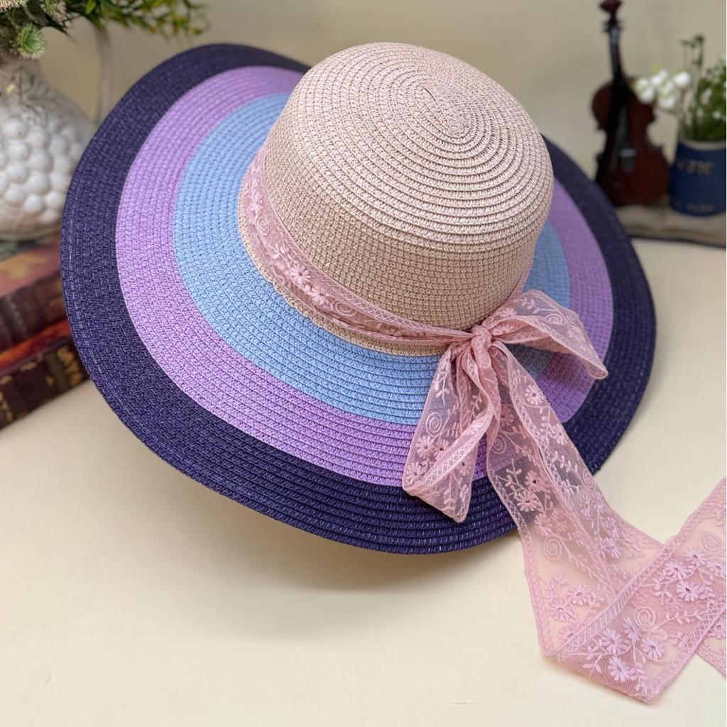 Women's Colorful Patchwork Straw Hat with Large Brim Summer Travel Sun Protection Rainbow Headband