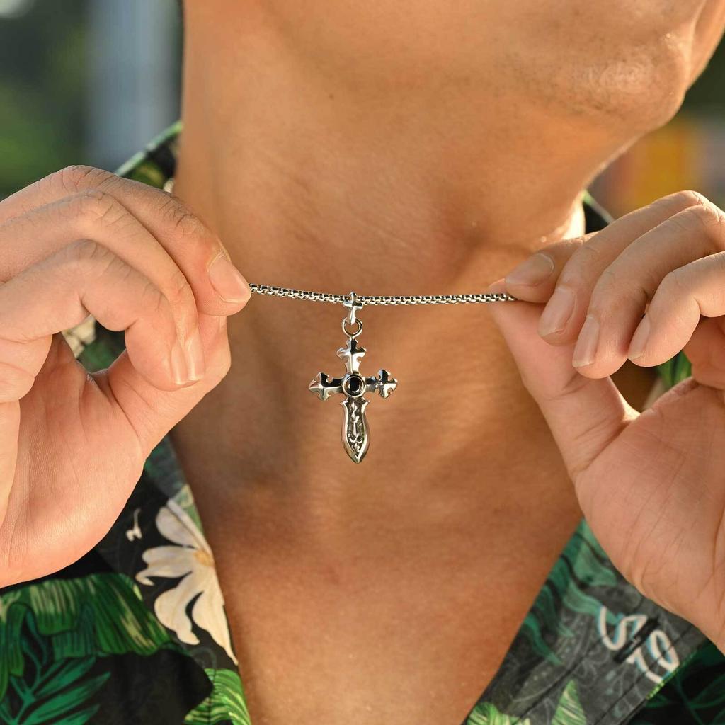 Vnox Sword Pendant with Black Zircon Necklace for Men, Stainless Steel Waterproof Box Chain Retro Punk Jewelry Gifts for Son Dad