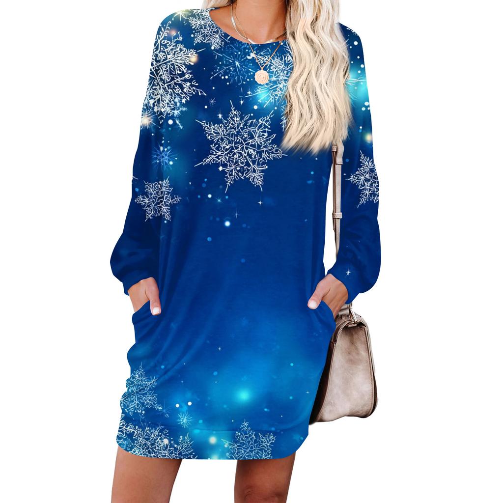 Women's Snowflake Print Fashionable Long-sleeved Round-neck Pocket Dress