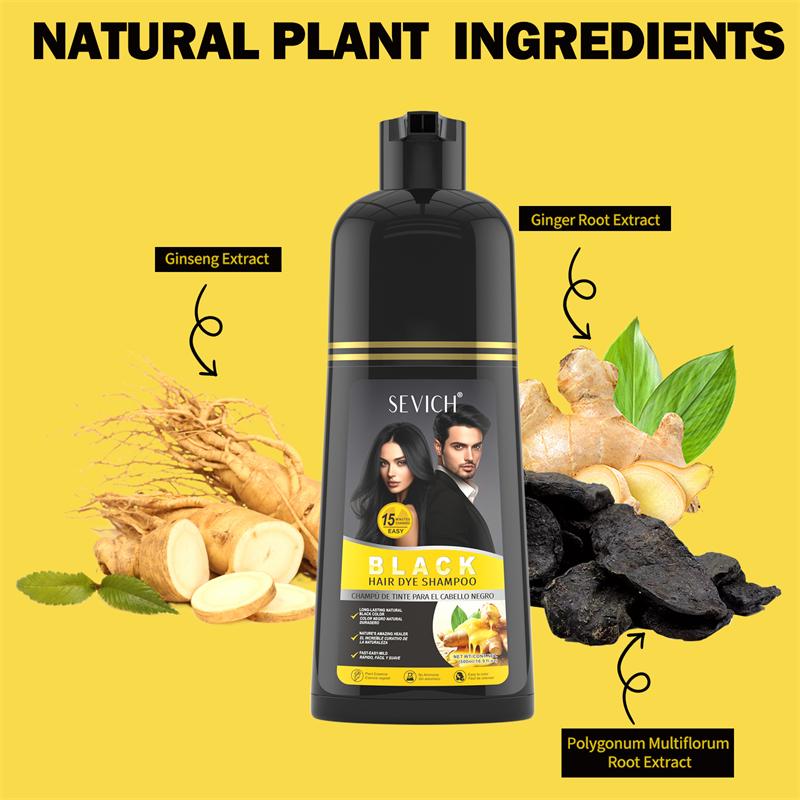 SEVICH Zencefilli 500ml Siyah Saç Boyası Şampuanı, Gri Saç Kapatıcı Anında Saç Rengi Şampuanı, Erkek Kadınlar İçin Bitkisel Siyahlaştırıcı Boyama Şampuanı