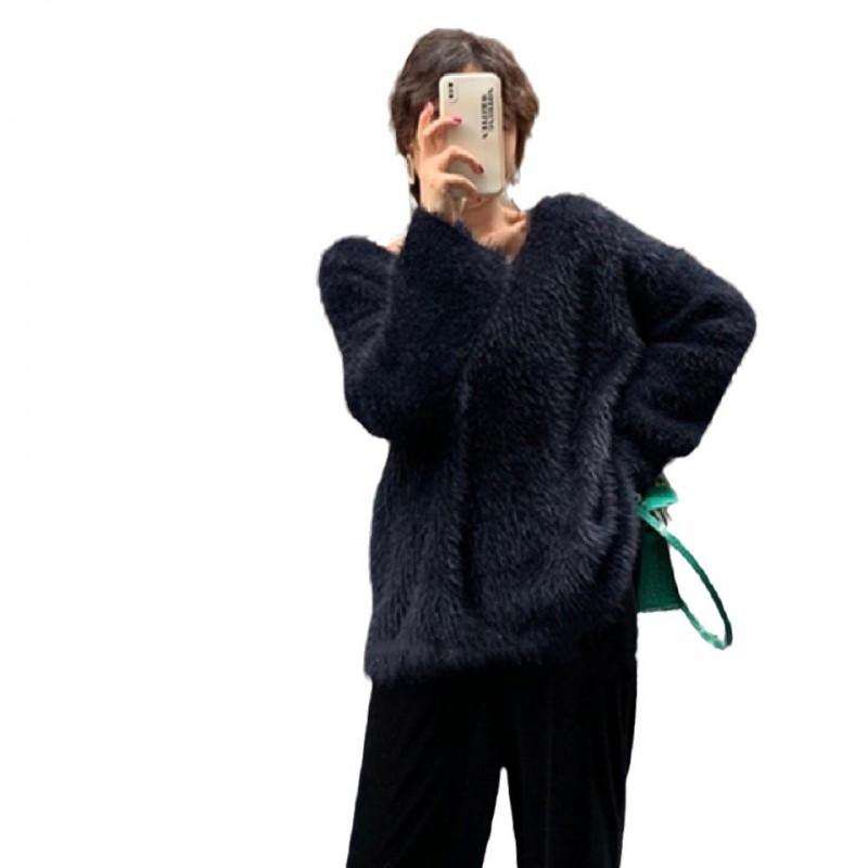 2026 Womens Soft Fuzzy V-Neck Oversized Knit Sweater Long Sleeve Casual Winter Top