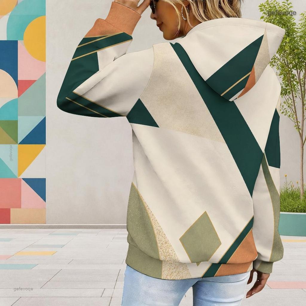 Women Plus Size Long Sleeve Geometric Printed Blue White Hoodie Pullover With Kangaroo Pocket