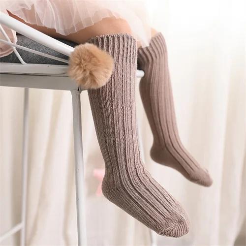 Kids Girls Socks Cotton Fur Ball Knee High Children's Socks For Girls Winter Warm Knitted Baby Stocking Age for 0-7Years