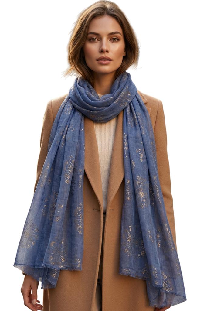 Scarf 180x70cm Golden Flower Headscarf Hijab Decorated with Golden Flowers in Jeans Color