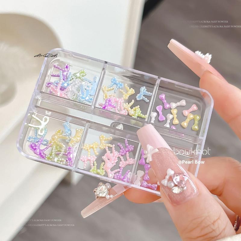 6 Grids Colorful Pearl Ribbon Bow Nail Decorations Resin Macaron Style DIY Nail Art Accessories for Salon Glamour