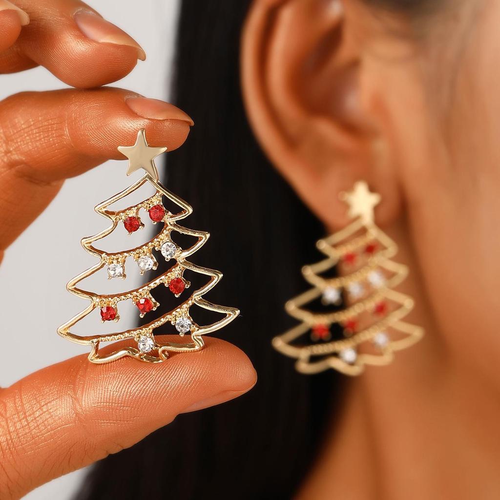 Colorful Light Luxury Christmas Tree Diamond Stud Earrings for Women