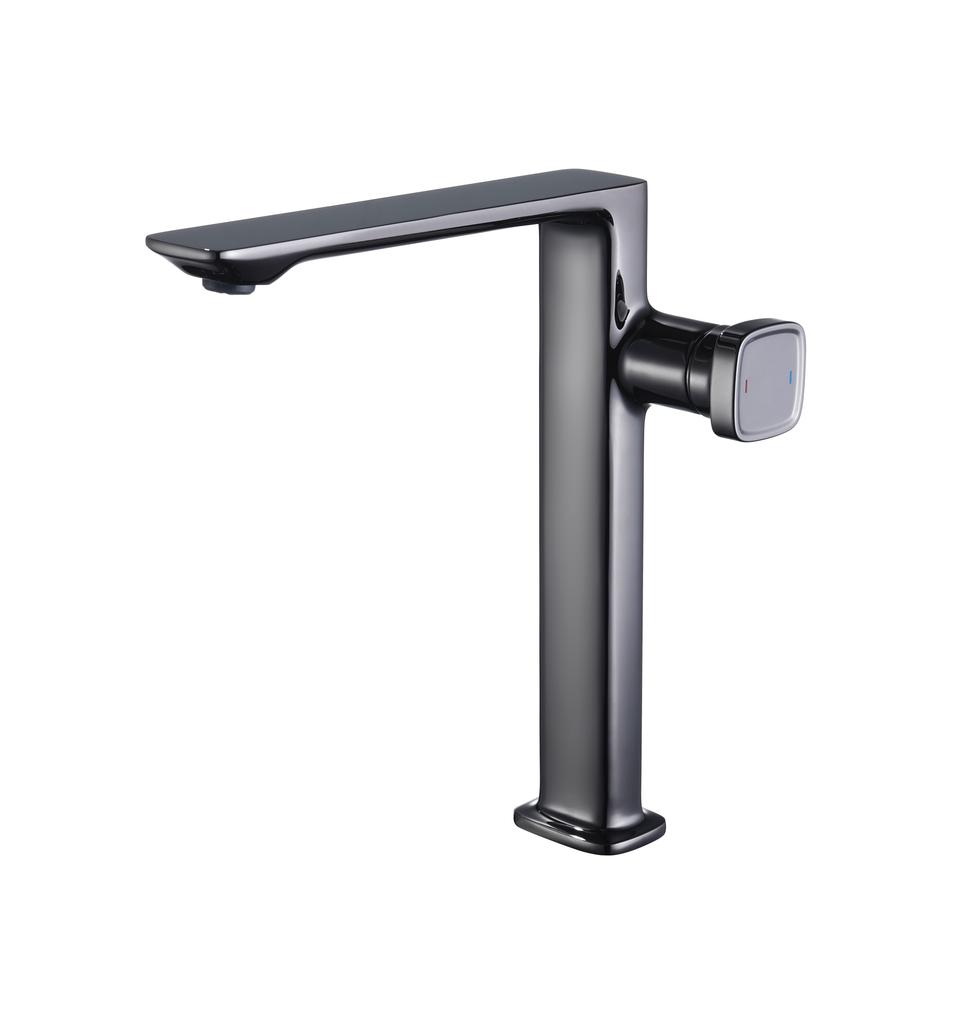 Minimalist Polished Black Basin Mixer Tap Tall Body Square Knob Solid Brass Bathroom Sink Faucet Counter Top Lavatory Tap