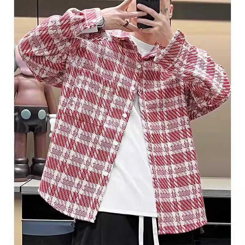 Autumn Men's Trendy Knit Plaid Jacket - Versatile, Fashionable, Loose Fit with Couple Lapel Style