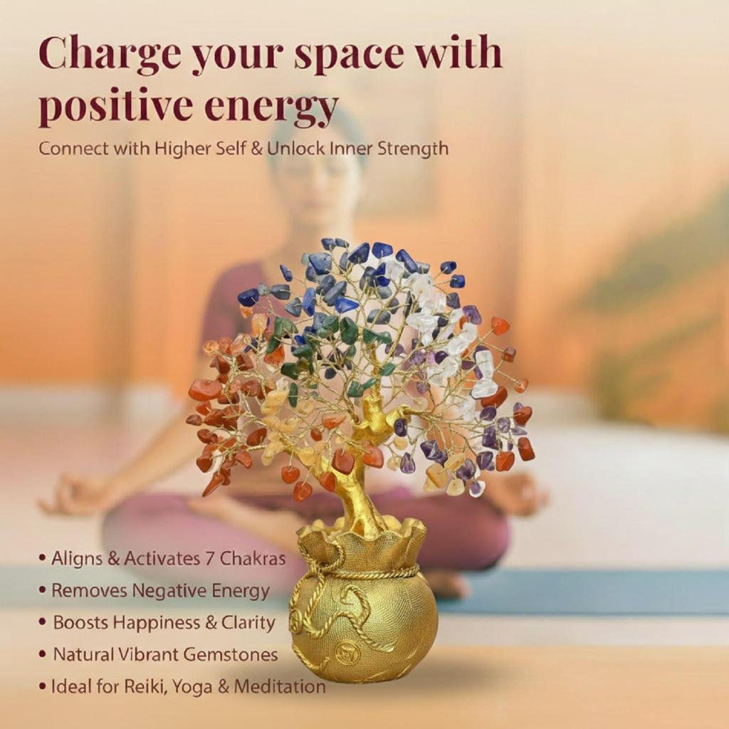 Feng Shui 7 Chakra Crystal Tree with Golden Money Bag Base/Natural Gemstone Decorative Showpiece Bonsai Tree for Home & Office Decor