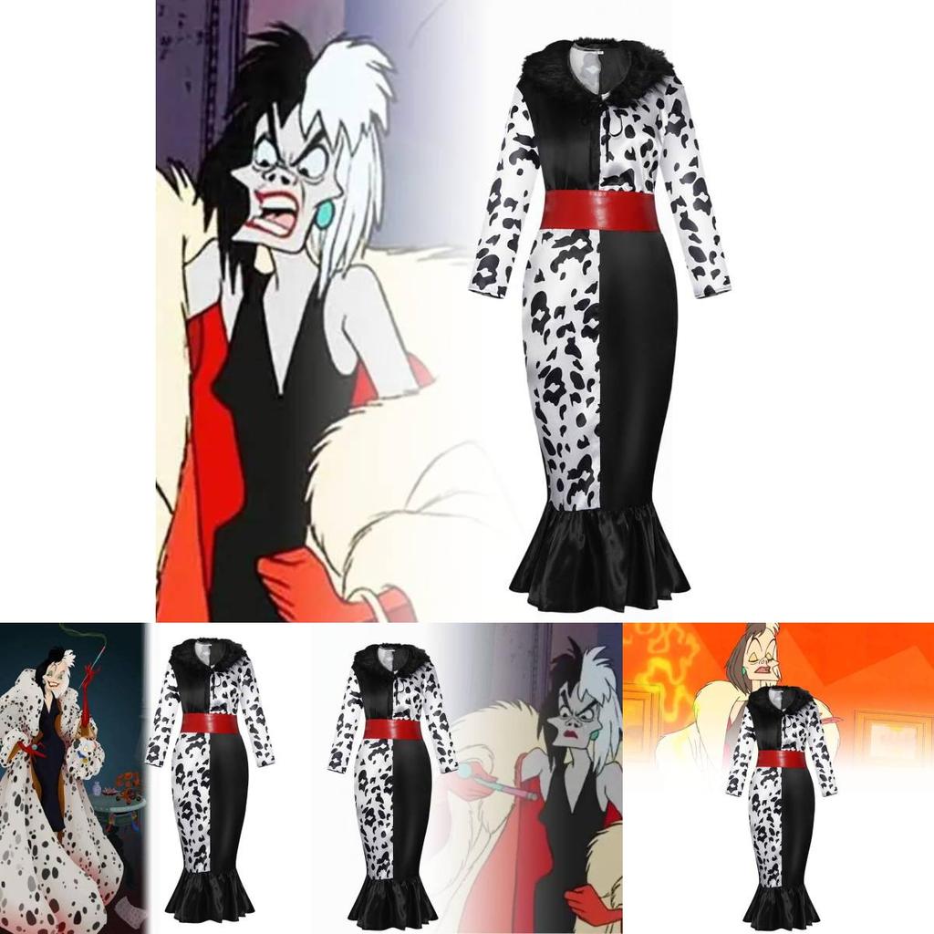 Elegantes Cruella De Vil Cosplay-Kleid mit Kunstfellkragen für Unisex-Erwachsene