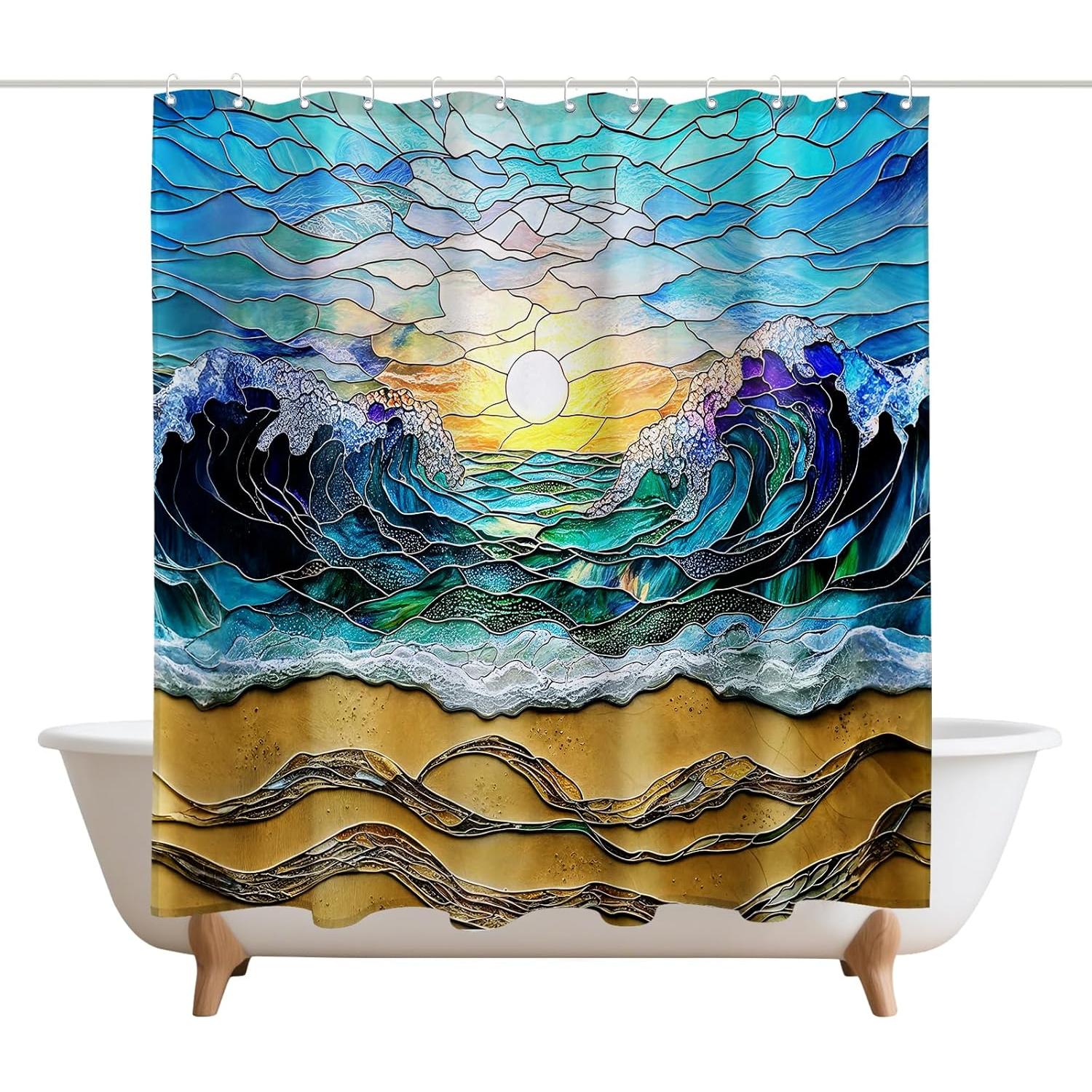 

Stained Glass Beach Waves Shower Curtains Coastal Ocean Sunrise Barn Door Decor Polyester Fabric Waterproof Bathroom Curtains 90x180cm