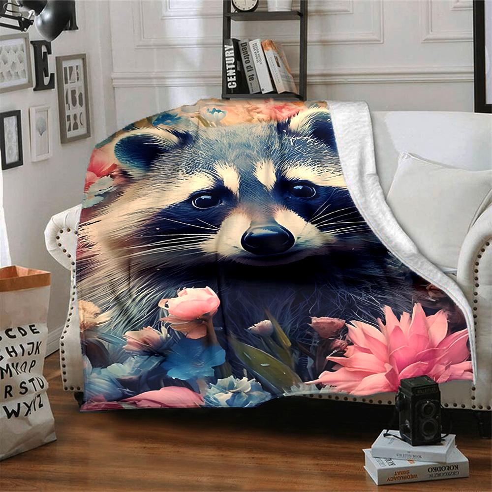1pc Raccoon Flowers Print Blanket   Lightweight Flannel Throw Blanket For Sofa, Bed, Living Room, Office, Outdoor Travel, Camping