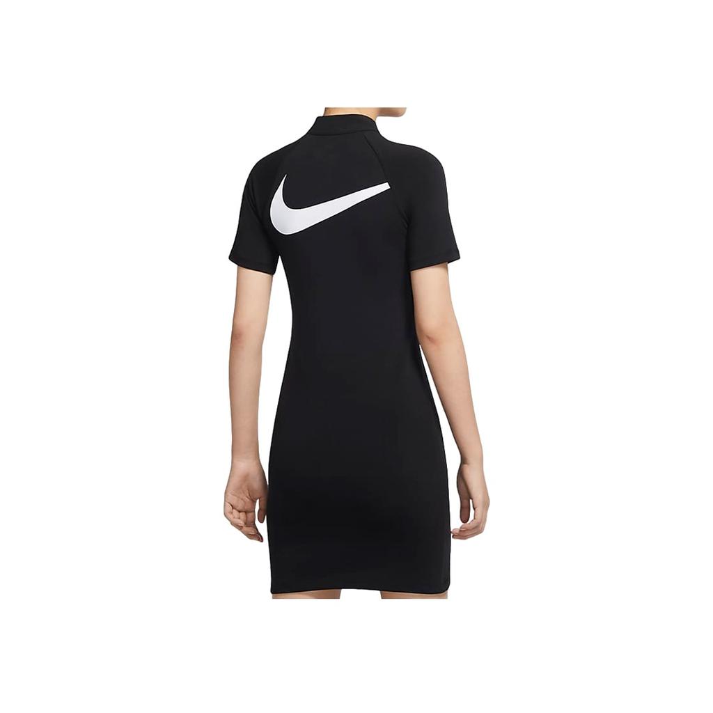 Nike Sportswear Swoosh Casual Long Dress Half Zip Athletic Slim Fit Short Sleeve Dress Women Dresses Black CU5675-011