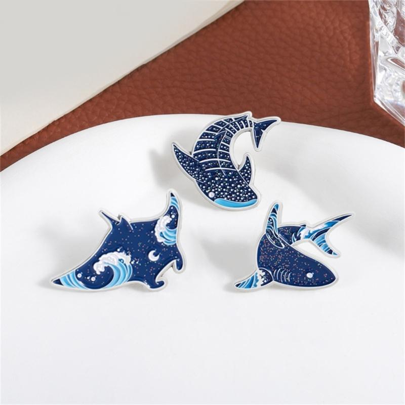 Cartoon Marine Animal Enamel Pins Glittering Dolphin Manta Ray Shark Brooch Alloy Lapel Jewelry Gift Accessories