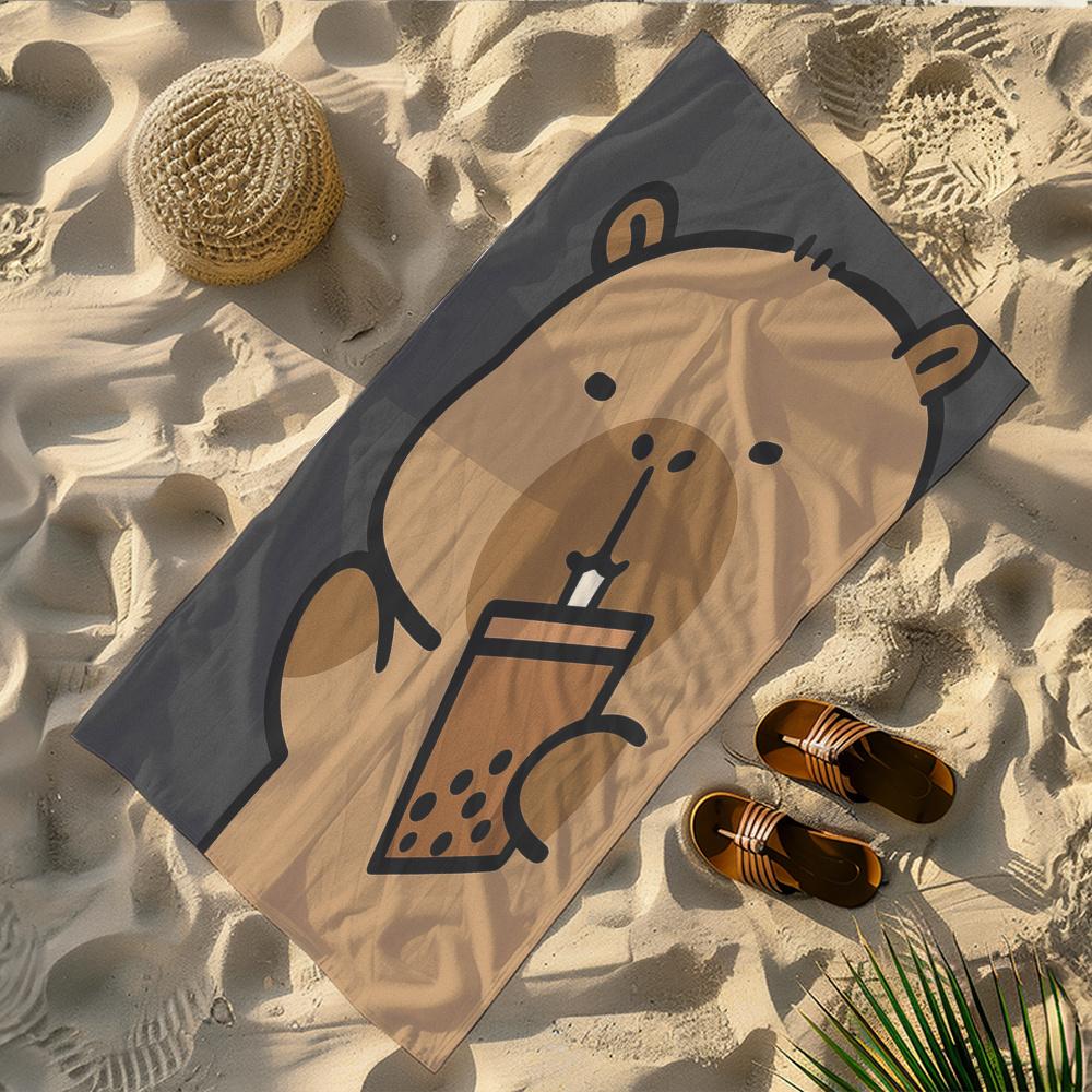 1pc Capybara & Bubble Tea Print Beach Towel, Fun Quirky Design, Soft Lightweight Towel Ideal for Swimming, Camping, Bathing