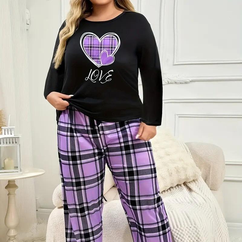 Spring Autumn Plus Size 3XL 4XL Loungewear Set Large-size Women's Pajamas Set Casual Purple Plaid Pyjamas Female Sleepwear Woman