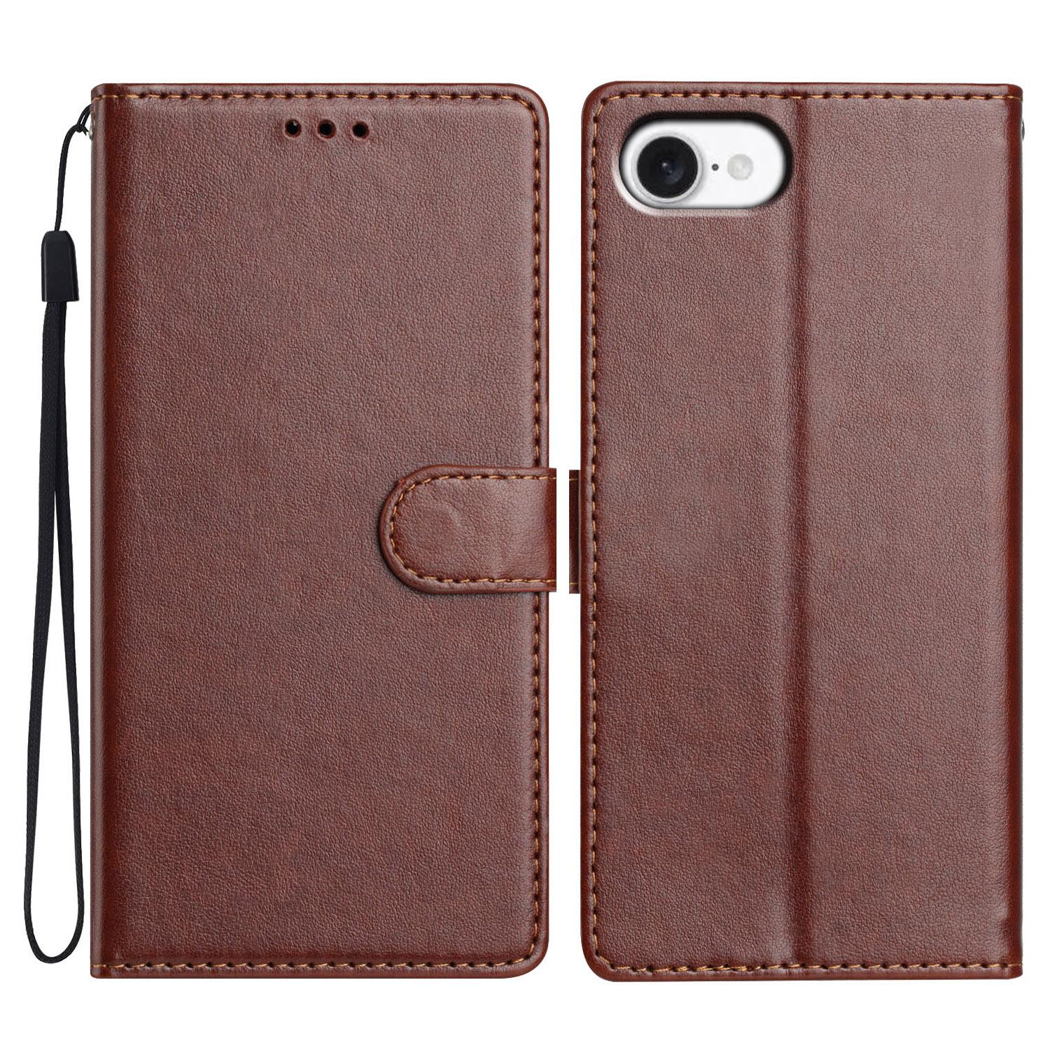 

For iPhone 16e Leather Case Wallet Stand Phone Cover with Handy Strap Brown
