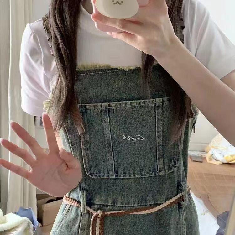 

Vintage Two-Piece Set: Raw Hem Tassel Denim Overall Skirt & Short-Sleeve T-Shirt. S