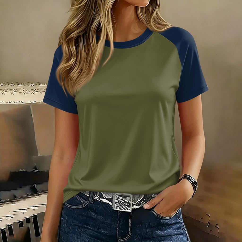 Women Casual Short Sleeve Raglan Sleeve T Shirt Crew Neck Color Block Loose Fit Lightweight Summer Top