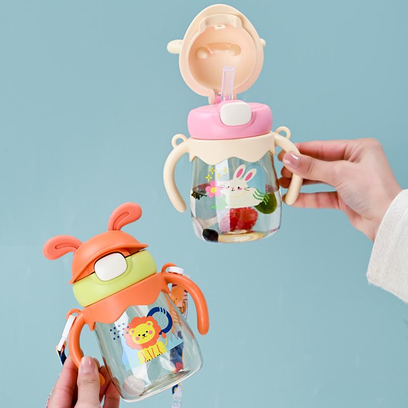 Kids' Cartoon Colorful Straw Water Bottle with Handle Strap - Portable Outdoor Plastic Cup
