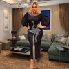 Hotfix Rhinestone Mesh Sleeve Bodycon Dress - Elegant Slim Fit with Sexy Round Neck