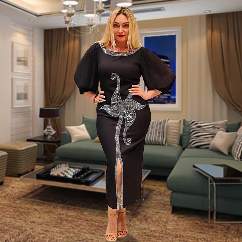 Hotfix Rhinestone Mesh Sleeve Bodycon Dress - Elegant Slim Fit with Sexy Round Neck