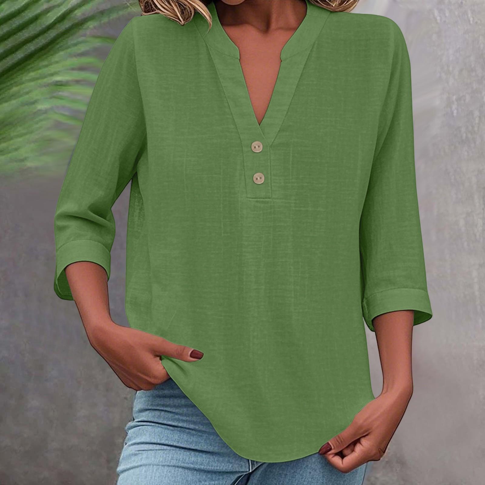 

3/4 Sleeve Linen Tops For Women Loose Fit V Neck Button Down Shirts Cute Summer Beach Tee Shirts XXL зелёный