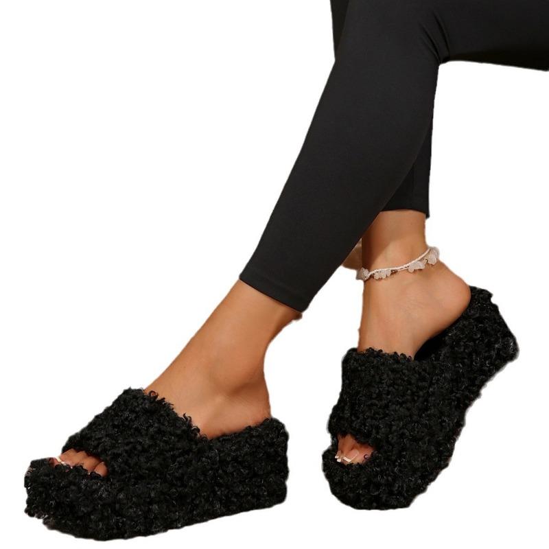 One-word Cotton Slippers Women's Thick-soled High-heeled Autumn and Winter New Large-size Fluffy Slippers Women's Outer Slippers