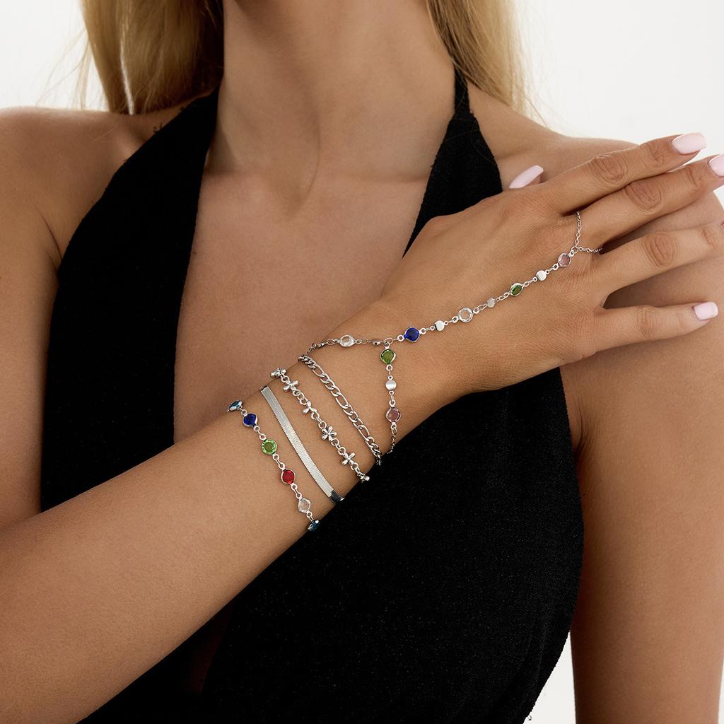 Creative Colorful Crystal Connected Finger Bracelet, Ins Flower Metal Chain Hand Jewelry For Women