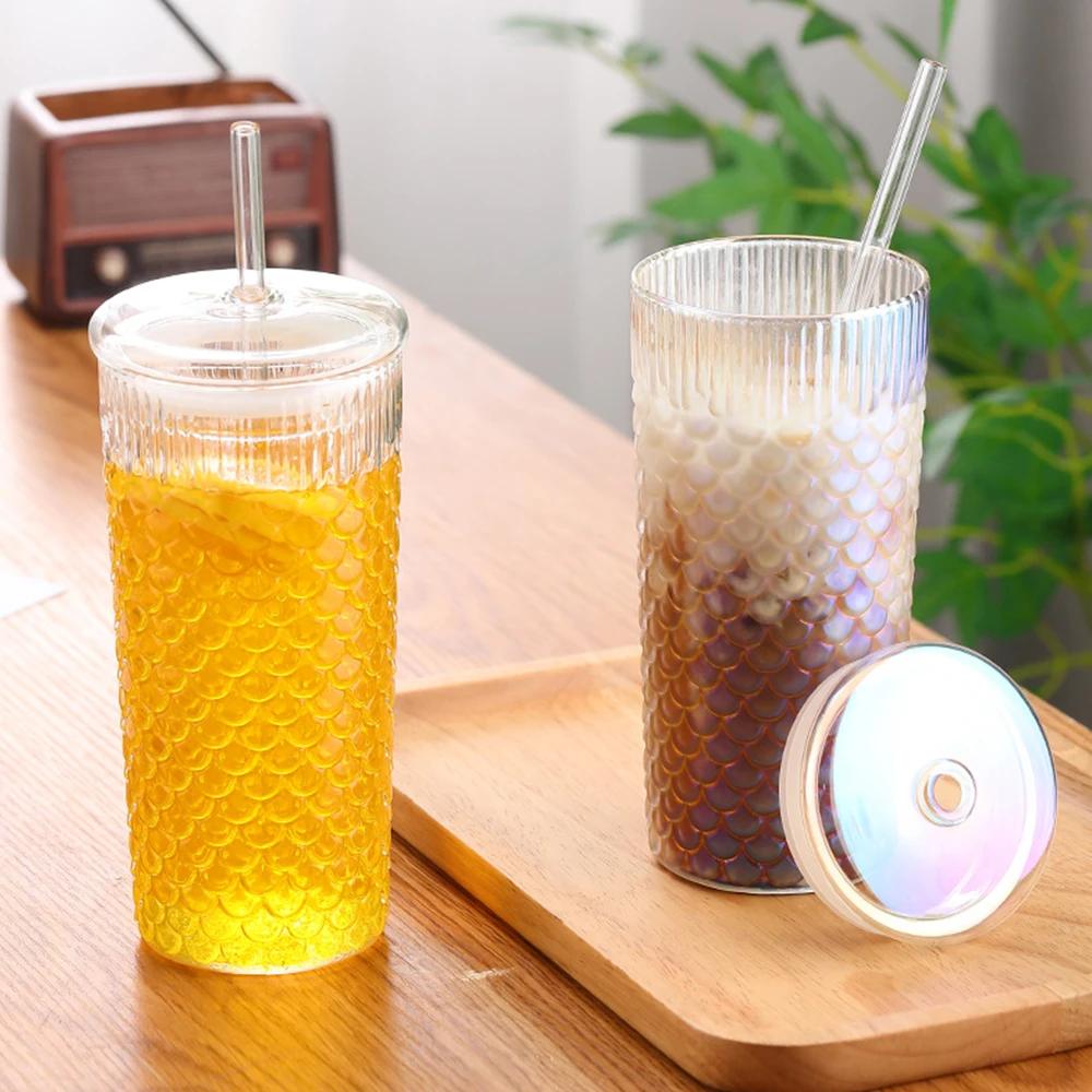 720ml New Corrugated Glass Cup With Lid and Straw Transparent Glasses Mug Iced Coffee Cup For Juice Milk Tea Water Cup Drinkware