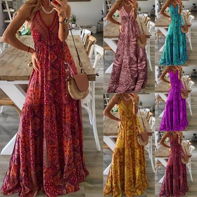 Suspender Long Skirt High Waist V-neck Printed Floral Dress Women's Clothing